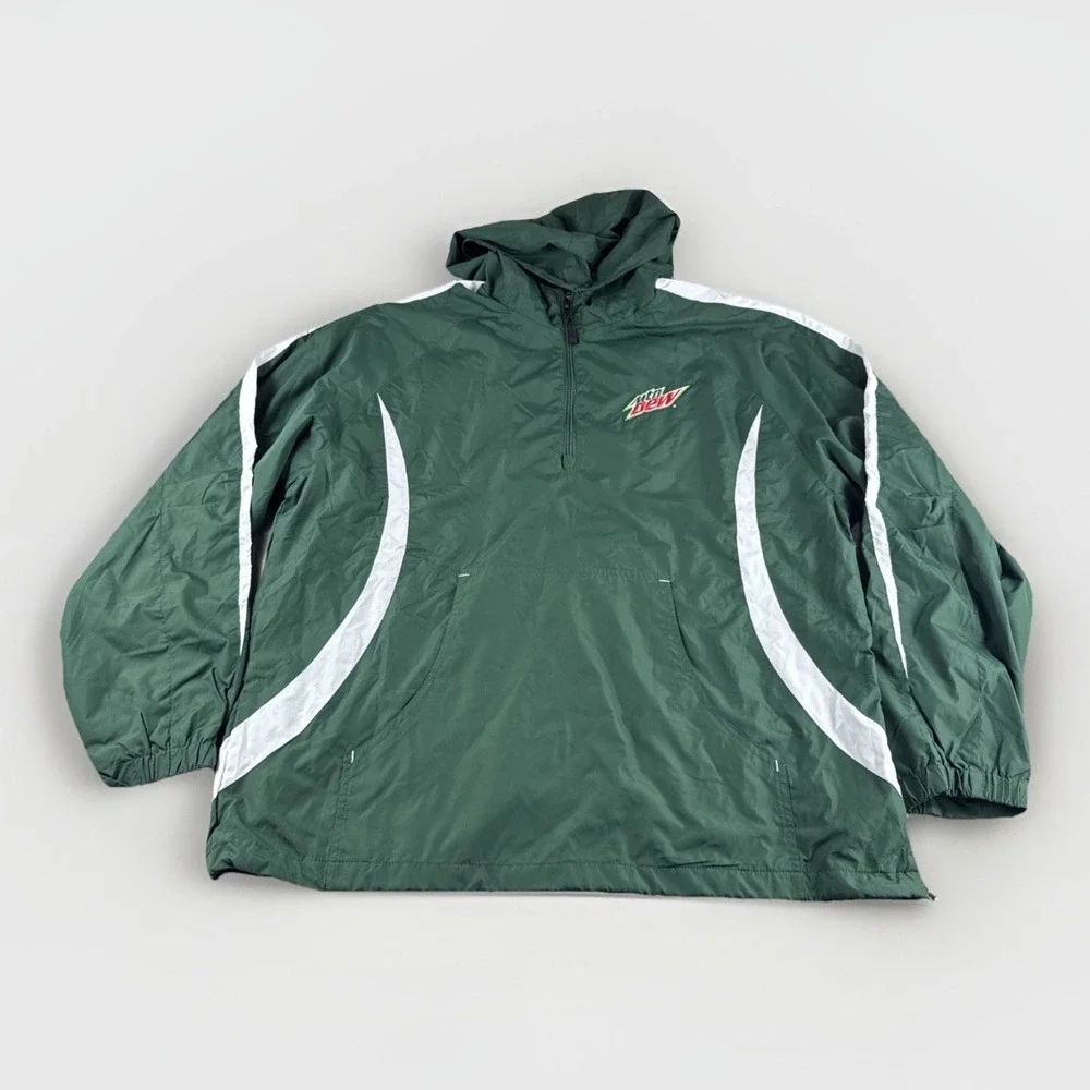 Mountain Dew Pullover Windbreaker Jacket Mens XL Green 1/4 Zip Coat Hooded Logo